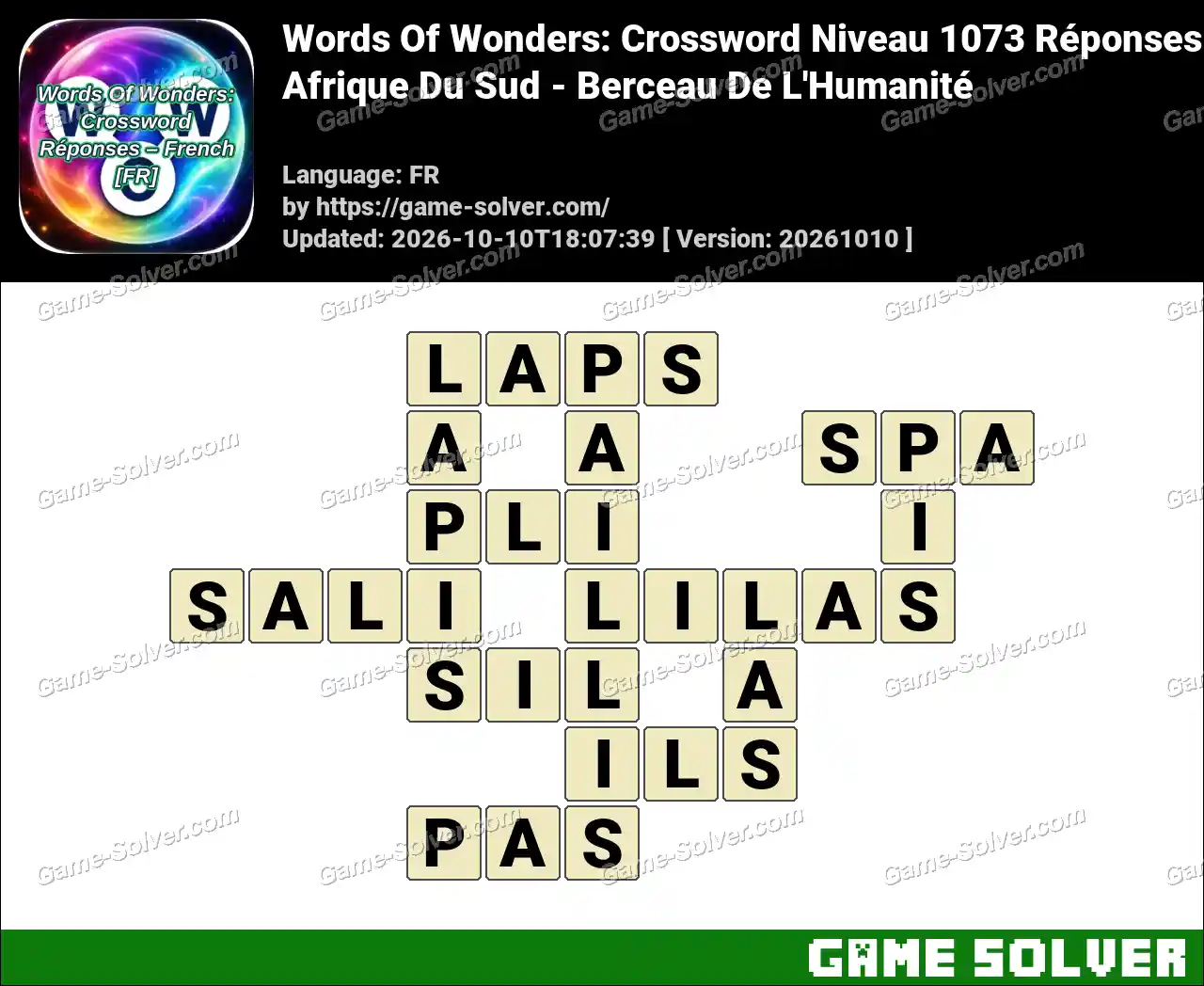 Words Of Wonders: Crossword Niveau 1073 Réponses – Afrique Du Sud – Berceau De L’Humanité